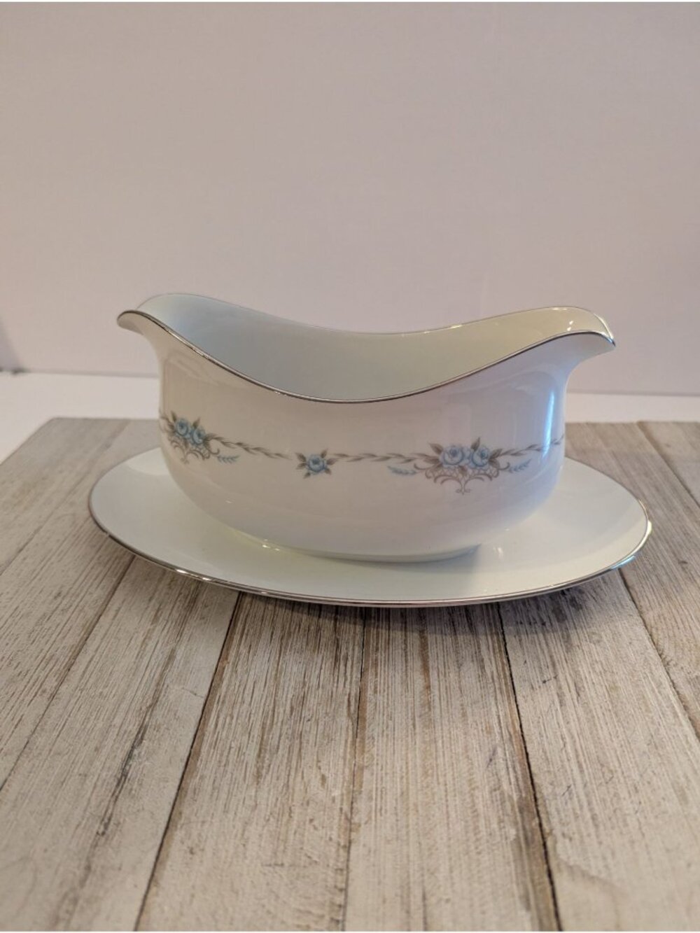 Style House Corsage Oval Gravy Bowl Dish with Underplate China Floral Blue
